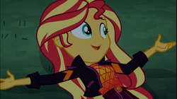 Size: 1928x1078 | Tagged: safe, screencap, sunset shimmer, equestria girls, equestria girls specials, g4, my little pony equestria girls: better together, my little pony equestria girls: sunset's backstage pass, arms wide open, clothes, female, geode of empathy, jacket, loss (meme), magical geodes, night, outdoors, relaxing, smiling, solo
