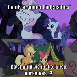 Size: 710x710 | Tagged: safe, edit, edited screencap, screencap, apple bloom, applejack, rarity, sweetie belle, pony, unicorn, g4, sisterhooves social, argument, awkward moment, camping, caption, female, filly, food, funny, heartbreak, image macro, mare, marshmallow, meme, night, siblings, sisters, tent, text, uncomfortable, x intensifies