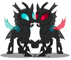 Size: 1123x955 | Tagged: safe, artist:bollythepopy, artist:dashiesparkle edit, artist:kayman13, edit, vector edit, thorax, changeling, g4, blue eyes, cute, female, happy, holding hooves, male, mesosoma, red eyes, rule 63, rule63betes, self ponidox, selfcest, shipping, simple background, smiling, thorabetes, thorasoma, transparent background, vector