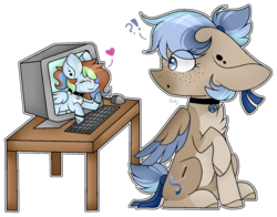 Size: 1010x792 | Tagged: safe, artist:mintoria, oc, oc only, oc:emily, oc:sugar sketch, pegasus, pony, computer, female, keyboard, mare, simple background, transparent background