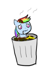Size: 2480x3508 | Tagged: safe, artist:sakura saga 🇯🇵, rainbow dash, pony, g4, abuse, dashabuse, downvote bait, high res, op is a duck, op is trying to start shit, rainbow trash, sad, shitposting, solo, trash can