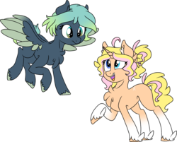 Size: 1351x1088 | Tagged: safe, artist:songheartva, oc, oc only, oc:jasmine skye, oc:jazzy, oc:melody flora, pegasus, pony, unicorn, female, mare, simple background, transparent background, two toned wings, wings