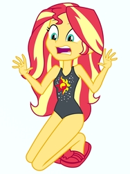 Size: 1536x2048 | Tagged: safe, artist:draymanor57, derpibooru exclusive, sunset shimmer, equestria girls, g4, my little pony equestria girls: better together, clothes, female, heel pop, one-piece swimsuit, sleeveless, slippers, solo, swimsuit, swimsuit edit, vector