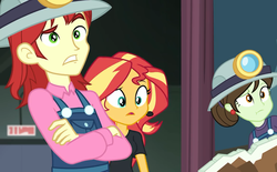 Size: 1165x720 | Tagged: safe, screencap, nolan north, sophisticata, sunset shimmer, all the world's off stage, equestria girls, g4, my little pony equestria girls: better together, background human, clothes, crossed arms, cyoa, director shimmer, female, helmet, male, mining helmet