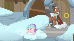 Size: 1920x1080 | Tagged: safe, screencap, cozy glow, rusty bucket, pegasus, pony, frenemies (episode), g4, clothes, cozy glow is not amused, duo, elderly, female, filly, foal, freckles, frown, glare, hat, male, sitting, snow, spoiled brat, squint, staff, stallion, winter outfit