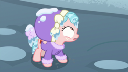 Size: 1920x1080 | Tagged: safe, screencap, cozy glow, pegasus, pony, frenemies (episode), g4, clothes, female, filly, foal, hat, looking up, shrunken pupils, solo, winter outfit