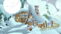 Size: 1920x1080 | Tagged: safe, screencap, cozy glow, rusty bucket, earth pony, pegasus, pony, frenemies (episode), g4, bucket, cabin, clothes, female, filly, foal, hat, helmet, male, mount everhoof, pine tree, snow, snowball, staff, stallion, this will end in death, tree, winter outfit