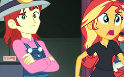 Size: 1158x720 | Tagged: safe, screencap, nolan north, sunset shimmer, all the world's off stage, equestria girls, g4, my little pony equestria girls: better together, background human, clothes, cyoa, director shimmer, female, helmet, male, mining helmet