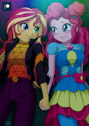 Size: 707x1000 | Tagged: safe, artist:uotapo, pinkie pie, sunset shimmer, human, equestria girls, equestria girls series, g4, sunset's backstage pass!, spoiler:eqg series (season 2), blushing, clothes, dress, eye contact, female, holding hands, looking at each other, music festival outfit, puffy sleeves, shipping fuel, smiling, wavy mouth