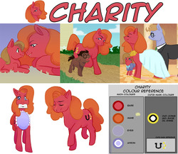 Size: 1280x1111 | Tagged: safe, artist:clorin spats, oc, oc only, oc:charity, oc:cordovan, oc:pun, earth pony, pony, ask pun, apron, ask, clothes, female, filly, letter, male, mare, reference sheet, stallion