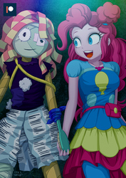 Size: 707x1000 | Tagged: safe, alternate version, artist:uotapo, pinkie pie, sunset shimmer, equestria girls, equestria girls series, g4, sunset's backstage pass!, spoiler:eqg series (season 2), actual sunset shimmer, blushing, dummy, eye contact, holding hands, implied lesbian, insanity, looking at each other, madness, mannequin, otaku date, smiling, what a twist, yandere, yandere pie