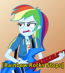 Size: 3060x3444 | Tagged: safe, artist:mr-breadman, derpibooru exclusive, rainbow dash, equestria girls, g4, caption, female, geode of super speed, guitar, high res, image macro, jazz music stops, magical geodes, meme, musical instrument, ponified meme, reaction image, show accurate, solo, text, vector