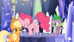 Size: 1664x941 | Tagged: safe, screencap, applejack, pinkie pie, spike, dragon, earth pony, pony, g4, the last laugh, claws, toes, winged spike, wings