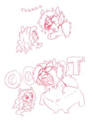 Size: 703x909 | Tagged: safe, artist:whydomenhavenipples, oc, oc only, oc:nikita, oc:replica, semi-anthro, arm hooves, chibi, comic, crying, dialogue, lineart, monochrome, open mouth, teary eyes, thot, tongue out, vein, vein bulge, yelling