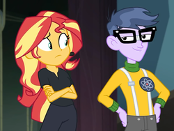 Size: 960x720 | Tagged: safe, screencap, microchips, sunset shimmer, all the world's off stage, equestria girls, equestria girls series, g4, all the world's off stage: micro chips, clothes, crossed arms, cyoa, director shimmer, female, male, palindrome get, pants