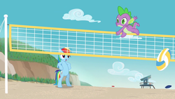 Size: 1920x1080 | Tagged: safe, screencap, rainbow dash, spike, pegasus, pony, equestria hills 90210, g4, beach, bipedal, cutie mark, hooves on hips, open mouth, smiling
