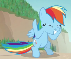 Size: 385x320 | Tagged: safe, screencap, rainbow dash, pegasus, pony, equestria hills 90210, g4, bipedal, cropped, cutie mark, great moments in animation