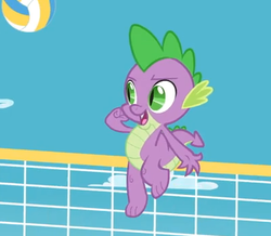 Size: 401x349 | Tagged: safe, screencap, spike, dragon, equestria hills 90210, g4, claws, cropped, fangs, male, sky, sports, volleyball