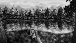 Size: 1920x1080 | Tagged: safe, artist:nuxersopus, fluttershy, pegasus, pony, g4, eyes closed, female, floppy ears, forest, grass, lake, monochrome, mountain, scenery, smiling, solo