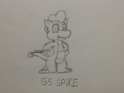 Size: 960x720 | Tagged: safe, artist:tarkan809, spike, dragon, g4, g5 concept leak style, g5 concept leaks, generation leap, male, monochrome, redesign, solo, spike (g5), style emulation, traditional art