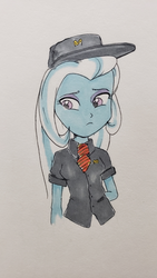 Size: 590x1049 | Tagged: safe, anonymous artist, trixie, equestria girls, g4, arm behind back, ashamed, clothes, eyeshadow, female, frown, looking down, makeup, mcdonald's, sad, shame, shirt, simple background, solo, traditional art, uniform, white background