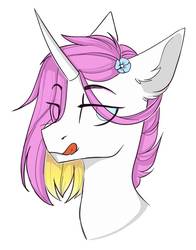 Size: 791x1010 | Tagged: safe, artist:cloud-fly, oc, oc only, pony, unicorn, bust, eye clipping through hair, female, mare, portrait, simple background, solo, tongue out, white background