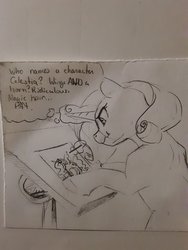 Size: 2448x3264 | Tagged: safe, artist:silfoe, artist:umbreow, rarity, pony, unicorn, g4, commission, drawing, female, high res, magic, mare, monochrome, scrunchy face, sketch, solo, telekinesis, thought bubble, traditional art