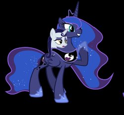 Size: 930x859 | Tagged: safe, artist:theunknowenone1, moonlight raven, princess luna, alicorn, pony, unicorn, g4, 1000 hours in ms paint, black background, conjoined, female, fusion, mare, peytral, simple background, we have become one