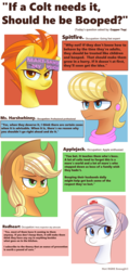 Size: 2573x5395 | Tagged: safe, artist:nignogs, applejack, ms. harshwhinny, nurse redheart, spitfire, earth pony, pegasus, pony, g4, abuse, boop, colored, don't dead open inside, glasses, hat, not rgre enough, reversed gender roles equestria, sexism, smiling, smug
