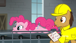 Size: 1920x1080 | Tagged: safe, screencap, doctor hoozonfurst, pinkie pie, earth pony, pony, g4, the last laugh, checklist, clipboard, clothes, conveyor belt, crate, cute, factory, female, funny, gag factory, hard hat, lying down, male, mare, mouth hold, pencil, shirt, stallion, uniform, wide eyes, written equestrian