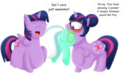 Size: 3866x2326 | Tagged: safe, artist:girlsvoreboys, lyra heartstrings, sci-twi, twilight sparkle, alicorn, pony, unicorn, g4, belly, big belly, butt, dialogue, equestria girls ponified, female, fetish, glasses, high res, lyra hindstrings, plot, same size vore, soft vore, swallowing, twilight sparkle (alicorn), twipred, unicorn sci-twi, vore