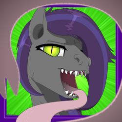 Size: 1000x1000 | Tagged: safe, artist:blademiss, oc, oc only, oc:nerium, bat pony, pony, bat pony oc, bust, fangs, female, first person view, imminent vore, long tongue, offscreen character, pov, sharp teeth, solo, teeth, tongue out, tongue wrap