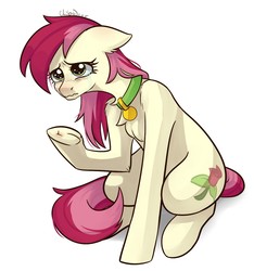 Size: 1140x1218 | Tagged: safe, artist:chibadeer, roseluck, pony, g4, chest fluff, collar, commissioner:doom9454, crying, cute, ear fluff, fluffy, pet tag, pony pet, poor thing, rosepet, sad, splinter