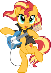 Size: 6007x8603 | Tagged: safe, artist:pirill, idw, sunset shimmer, pony, unicorn, g4, spoiler:comic, spoiler:comic79, absurd resolution, bass guitar, bipedal, clothes, cute, female, guitar, idw showified, jacket, musical instrument, raised leg, shimmerbetes, show accurate, simple background, smiling, solo, sunset shredder, transparent background, vector
