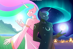 Size: 3000x2000 | Tagged: safe, artist:marik azemus34, princess celestia, princess luna, alicorn, anthro, breasts, clothes, day, delicious flat chest, dress, duo, duo female, ethereal mane, female, jacket, looking at each other, night, royal sisters, starry mane, wingless, wingless anthro