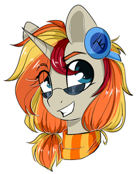 Size: 903x1151 | Tagged: safe, artist:cloud-fly, oc, oc only, pony, unicorn, bust, clothes, eye clipping through hair, female, grin, headphones, mare, portrait, scarf, simple background, smiling, solo, sunglasses, white background