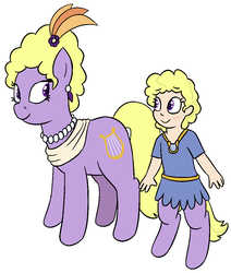 Size: 937x1105 | Tagged: safe, artist:heretichesh, lyrica lilac, oc, oc:viola, earth pony, pony, satyr, g4, clothes, dress, female, jewelry, mother and daughter, necklace, parent:lyrica