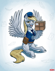 Size: 1481x1920 | Tagged: safe, artist:wwredgrave, derpy hooves, pegasus, pony, g4, box, clothes, cutie mark, female, happy, holding, looking at you, mailmare, mare, parcel, sitting, smiling, solo, spread wings, uniform, wings