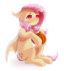 Size: 1888x2116 | Tagged: safe, artist:adamange1, fluttershy, bat pony, pony, g4, bat ponified, bat wings, beanbrows, blushing, chest fluff, eyebrows, female, floppy ears, flutterbat, hoof hold, looking at you, mare, pumpkin, race swap, red eyes, simple background, sitting, solo, three quarter view, white background, wings