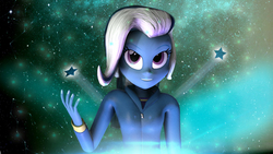 Size: 3840x2160 | Tagged: safe, artist:popa-3d-animations, trixie, equestria girls, g4, 3d, glowing, grin, high res, magic, smiling, smirk, solo, stars