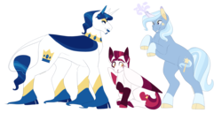 Size: 4267x2192 | Tagged: safe, artist:horsepowerred, fancypants, trixie, pony, unicorn, g4, cloven hooves, coat markings, colored fetlocks, colored hooves, cutie mark, female, filly, foal, leonine tail, long feather, male, mare, offspring, parent:fancypants, parent:fleur-de-lis, parents:fancyfleur, rearing, stallion, trio, twice as fancy ponies, unshorn fetlocks