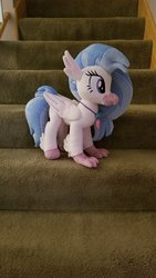 Size: 1152x2048 | Tagged: safe, artist:little-broy-peep, photographer:shiikra, silverstream, hippogriff, g4, female, irl, photo, plushie, stairs, that hippogriff sure does love stairs