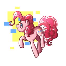 Size: 2000x2000 | Tagged: safe, artist:syrupyyy, pinkie pie, earth pony, pony, abstract background, cute, diapinkes, female, leg fluff, looking away, looking up, mare, no pupils, open mouth, profile, raised hoof, simple background, smiling, solo, transparent background
