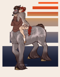 Size: 2550x3300 | Tagged: safe, artist:blackblood-queen, oc, oc only, oc:aleyn, oc:ciara, centaur, ponytaur, anthro, taur, unguligrade anthro, anthro centaur, anthro oc, blushing, clothes, couple, crossed arms, dilf, female, high res, hug, husband and wife, male, married couple, selkie, species swap, sweater