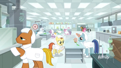 Size: 1920x1080 | Tagged: safe, screencap, cheese sandwich, lavender flask, lemon honey, pinkie pie, platinum cure, raspberry cotton, sans smirk, earth pony, pony, unicorn, g4, the last laugh, background pony, bullseye, chemistry, clean room, clipboard, discovery family logo, factory, female, filly, gag factory, glowing horn, horn, laboratory, magic, magic aura, male, mare, mouth hold, pencil, pliers, splitside, stallion, teal tester, teenager, telekinesis, whoopee cushion