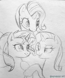 Size: 2558x3056 | Tagged: safe, artist:syrupyyy, starlight glimmer, sunset shimmer, trixie, pony, unicorn, g4, female, high res, looking at each other, magical trio, mare, monochrome, open mouth, pencil drawing, raised hoof, signature, sketch, smiling, traditional art