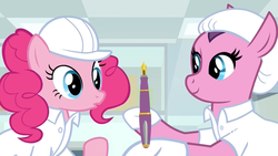 Size: 1920x1080 | Tagged: safe, screencap, lavender flask, pinkie pie, earth pony, pony, g4, the last laugh, booties, clothes, discovery family logo, factory, female, fountain pen, gag factory, hard hat, lab coat, laboratory, mare, pen, smiling