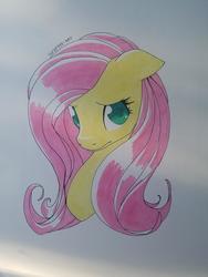 Size: 3024x4032 | Tagged: safe, artist:syrupyyy, fluttershy, pony, g4, bust, female, floppy ears, looking at you, mare, portrait, signature, solo, three quarter view, traditional art