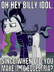 Size: 640x861 | Tagged: safe, edit, edited screencap, editor:undeadponysoldier, screencap, snow hope, earth pony, pony, fake it 'til you make it, g4, billy idol, caption, cropped, goth, gothic eyeliner, image macro, makeup, male, meme, stallion, text