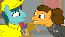 Size: 1920x1080 | Tagged: safe, screencap, cheese sandwich, earth pony, pony, g4, the last laugh, alternate hairstyle, clothes, discovery family logo, eye contact, factory, gag factory, hard hat, lab coat, leaning, looking at each other, male, nervous, nervous laugh, stallion, stretch, sweater, uncomfortable, uniform